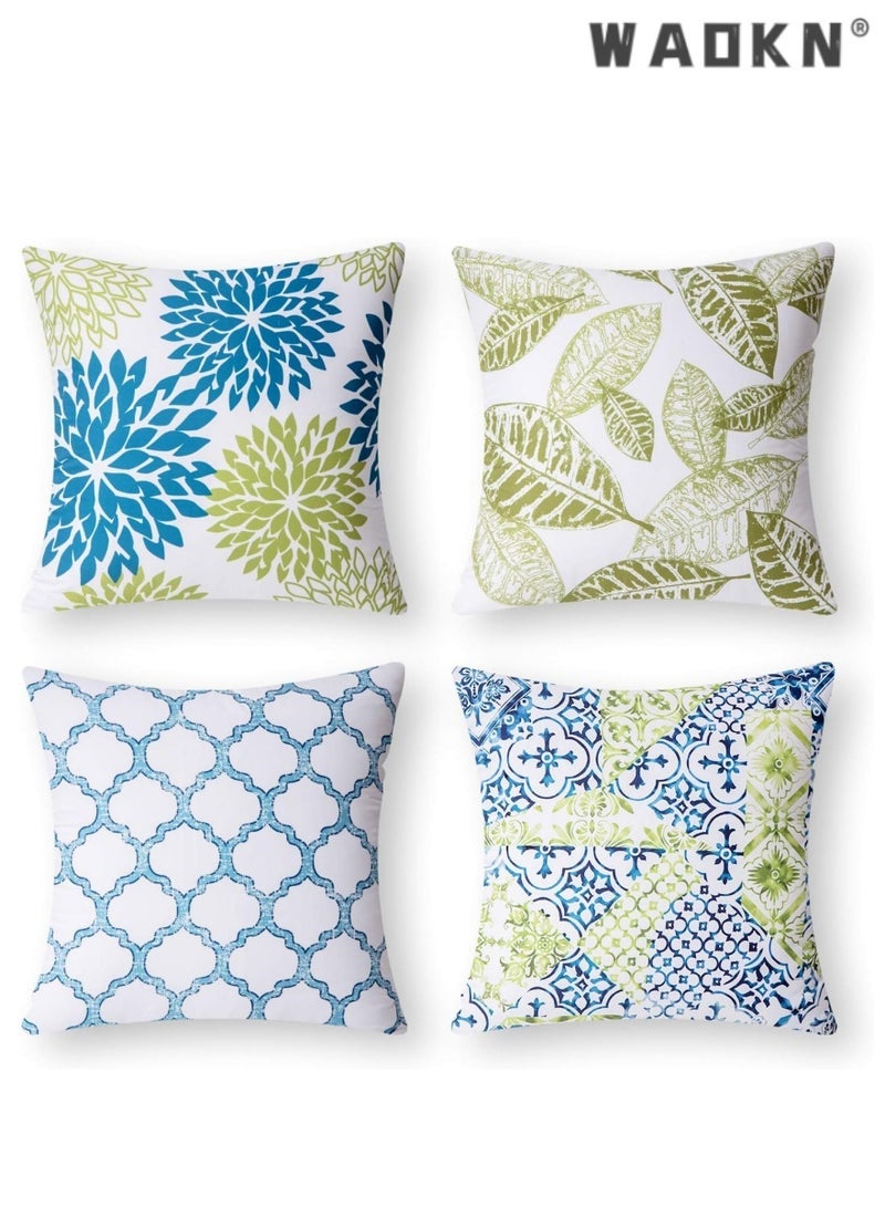 WAOKN Fresh Living Blue&Green Accent ，Simple geometric printing abstract floral linen pillow cover peach skin sofa pillowcase cushion cover，Decorative Throw Pillow Covers Pillow Covers for Couch Sofa Living Room Bedroom,Farmhouse Outdoor Throw Pillow Cover,Modern Geometric Square Throw Pillow Case Set of 4 - Image 1